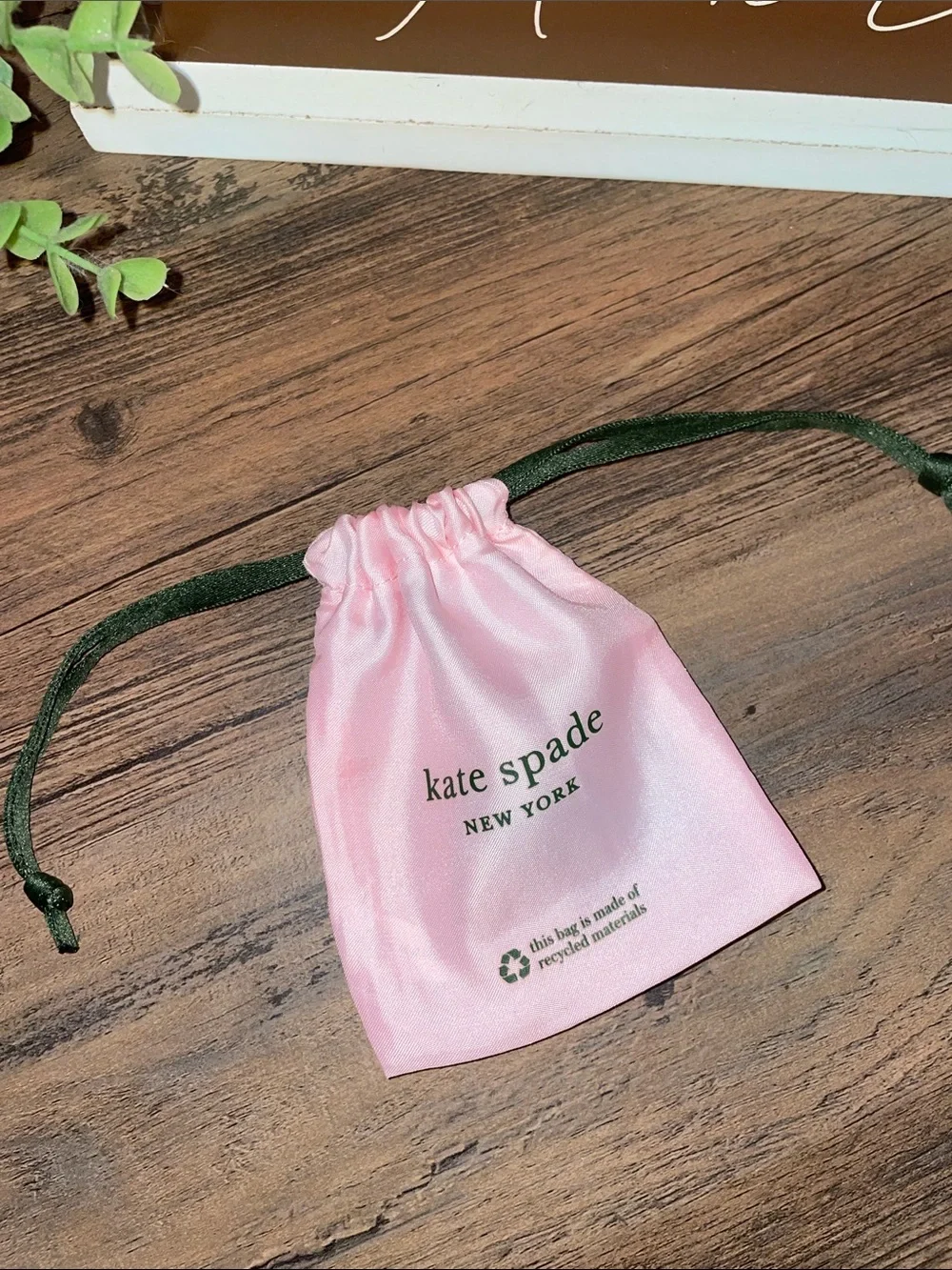 Kate Spade Pink Mini dust Drawstring Jewelry Pouch with Dark Green cord